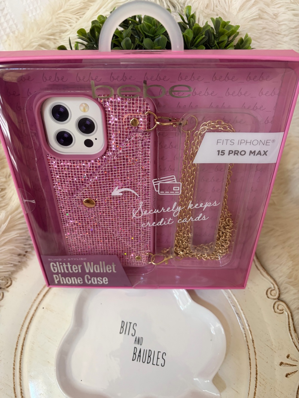 bebe Pink Glitter Wallet Phone Case with Gold Chain - Fits iPhone 15 Pro Max - Picture 2 of 6